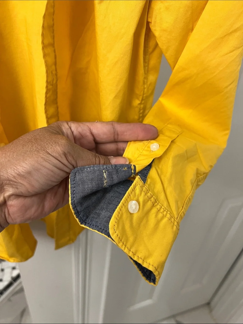 H&M Yellow Button-Down Shirt with Contrast Chambray Trim